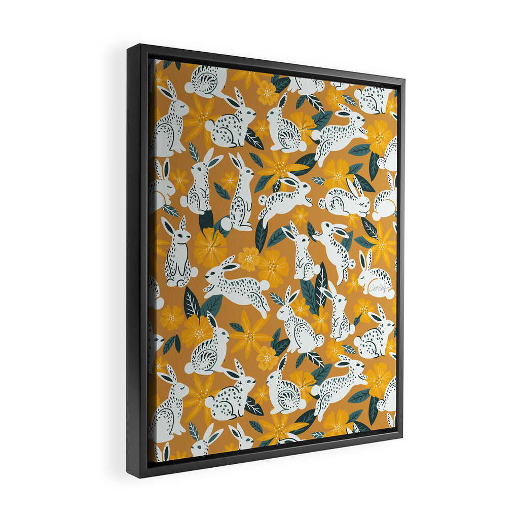 Bunnies & Blooms - Ochre & Teal Palette Framed Canvas Print Gallery Image 2