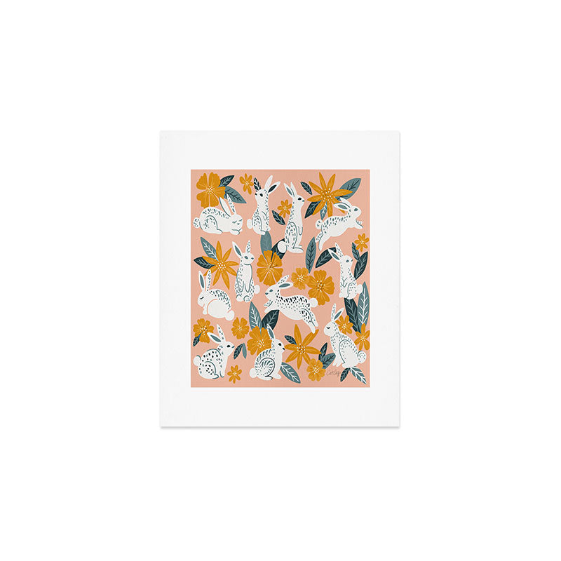 Bunnies & Blooms - Teal & Blush Art Print Gallery Image 1