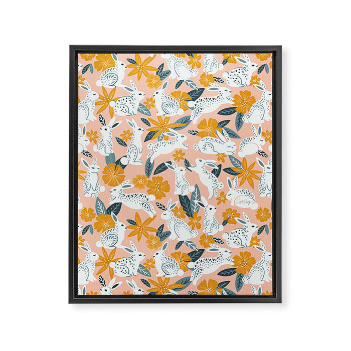Bunnies & Blooms - Teal & Blush Framed Canvas Print Gallery Image 1
