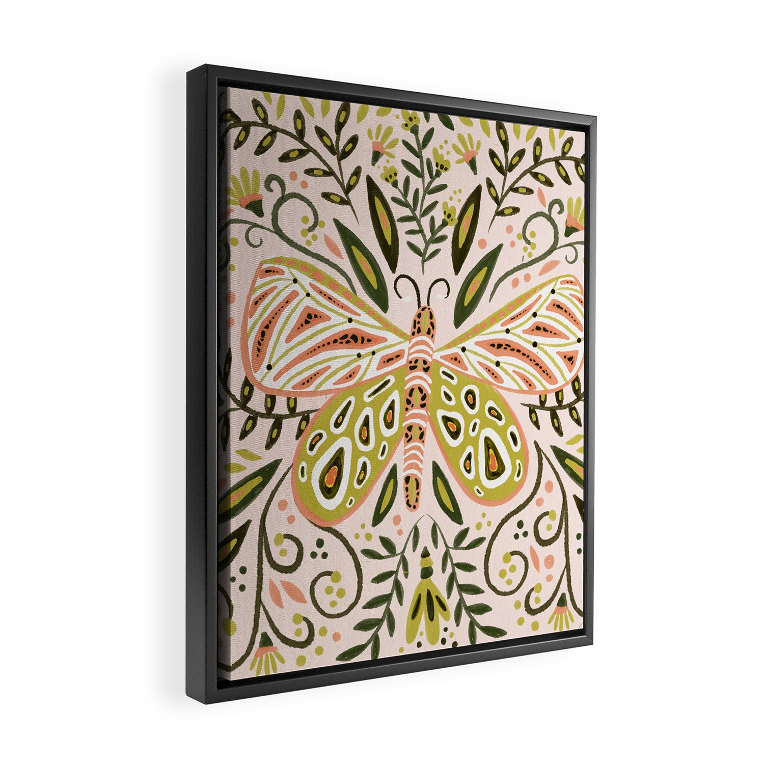 Butterfly Symmetry - Blush & Lime Framed Canvas Print Gallery Image 2