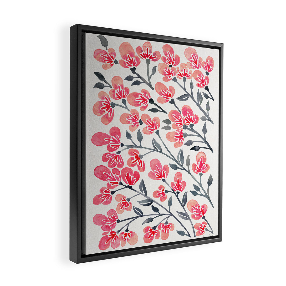 Cherry Blossoms - Pink & Black Palette Framed Canvas Print Gallery Image 2