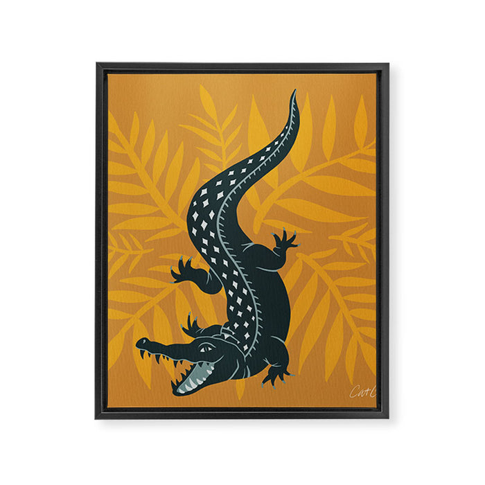 Crocodile - Teal & Ochre Framed Canvas Print Gallery Image 1