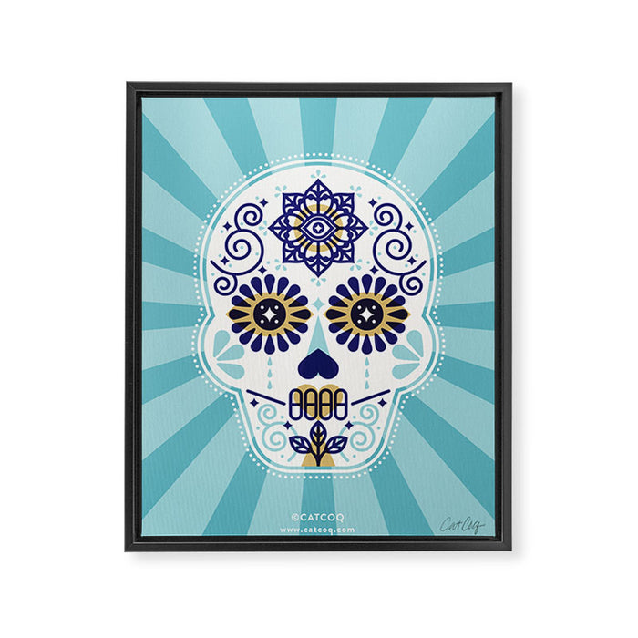 DÃ­a de Muertos â¢ Mexican Sugar Skull - Baby Blue Palette Framed Canvas Print Gallery Image 1