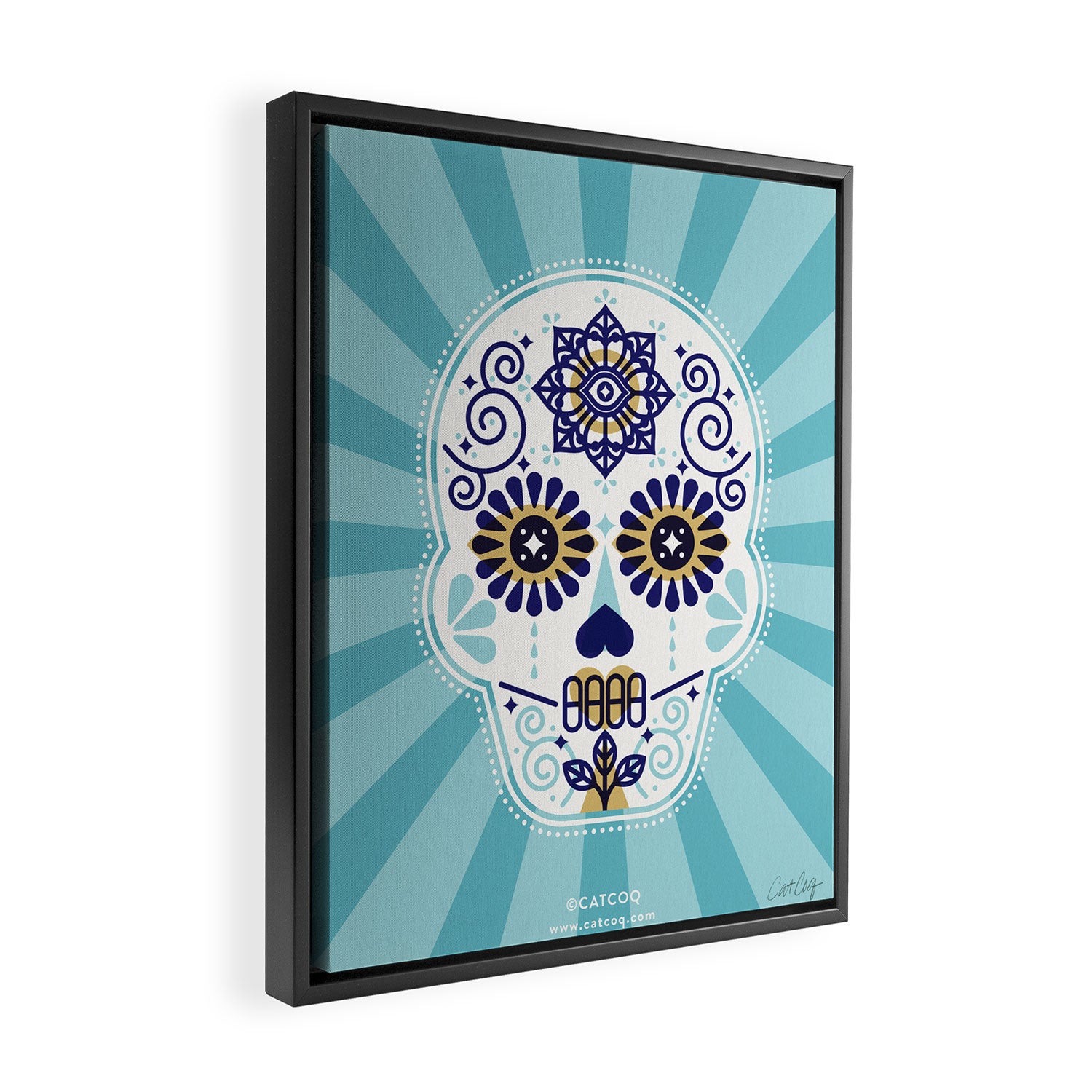 DÃ­a de Muertos â¢ Mexican Sugar Skull - Baby Blue Palette Framed Canvas Print Gallery Image 2