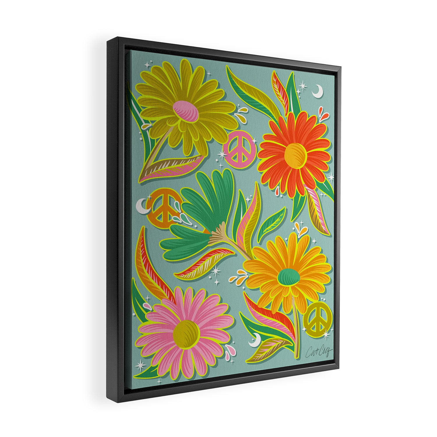 Drippy Daisy Dreamscape - Electric on Blue Framed Canvas Print Gallery Image 2