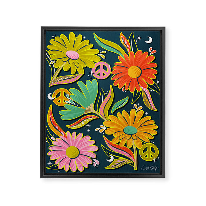 Drippy Daisy Dreamscape - Electric on Navy Framed Canvas Print Gallery Image 1