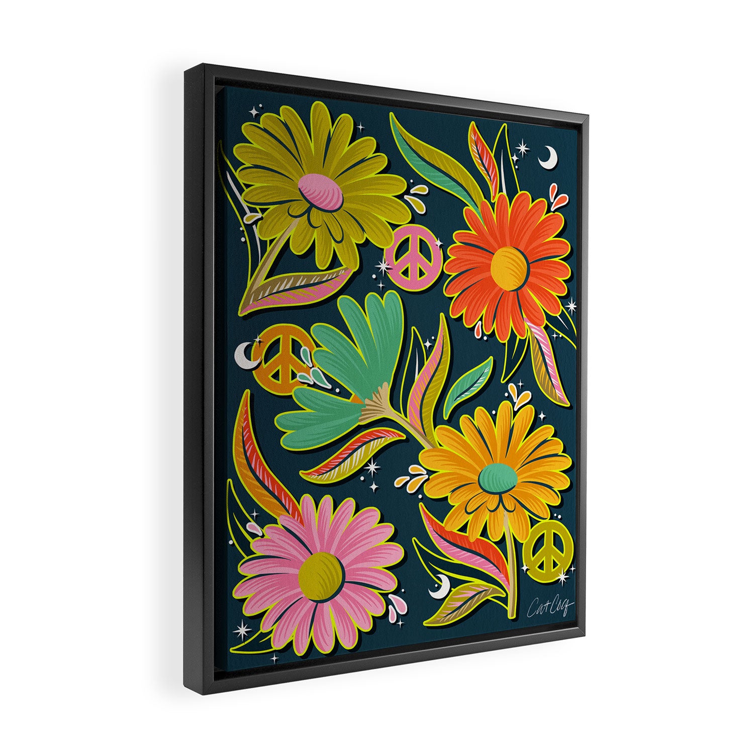 Drippy Daisy Dreamscape - Electric on Navy Framed Canvas Print Gallery Image 2