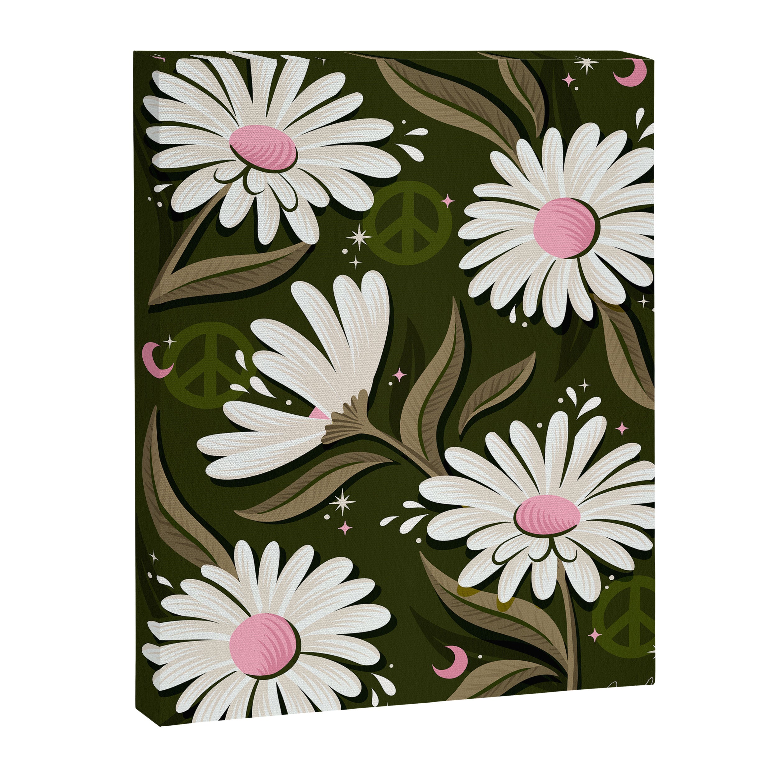 Drippy Daisy Dreamscape - Pink on Olive Canvas Print Gallery Image 8