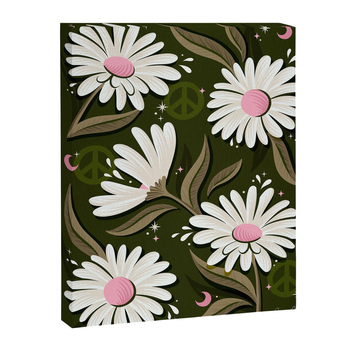 Drippy Daisy Dreamscape - Pink on Olive Canvas Print Gallery Image 1