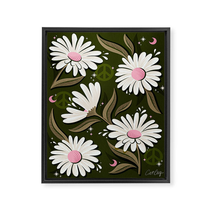 Drippy Daisy Dreamscape - Pink on Olive Framed Canvas Print Gallery Image 1