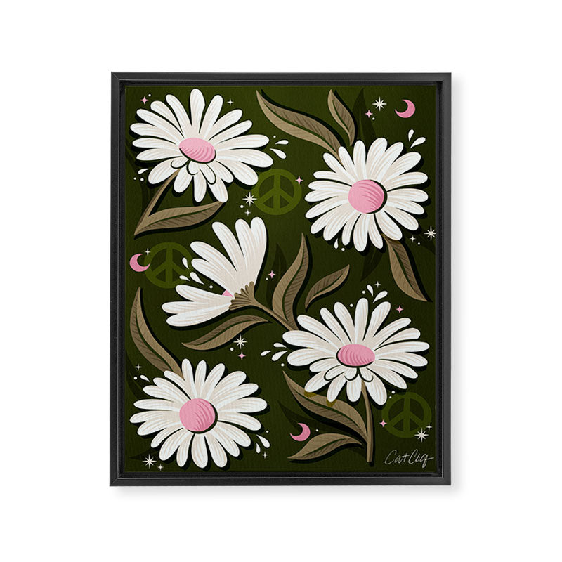 Drippy Daisy Dreamscape - Pink on Olive Framed Canvas Print Gallery Image 8