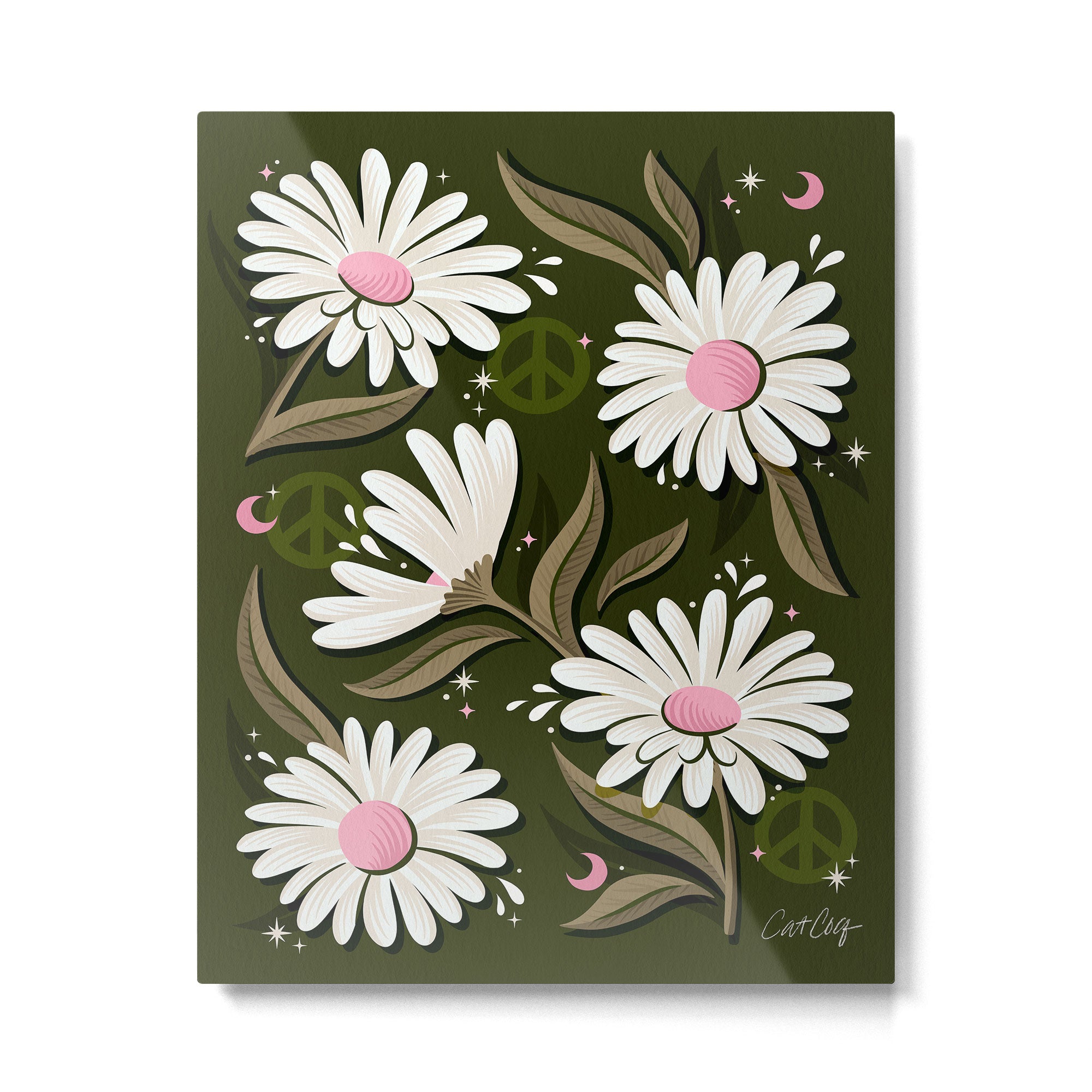 Drippy Daisy Dreamscape - Pink on Olive Metal Print Gallery Image 6