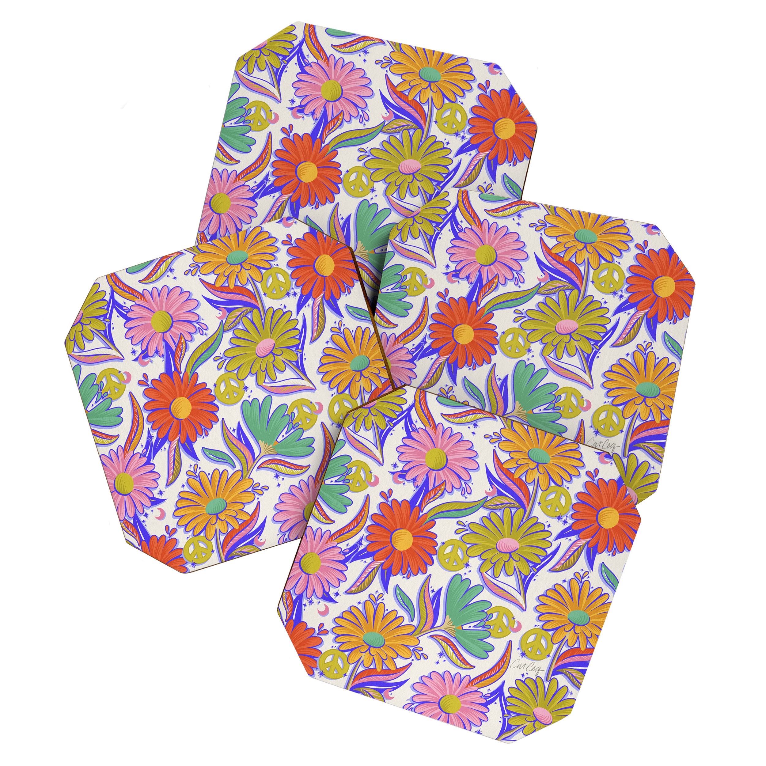 Drippy Daisy Dreamscape - Rainbow & Indigo on White Coaster Gallery Image 1