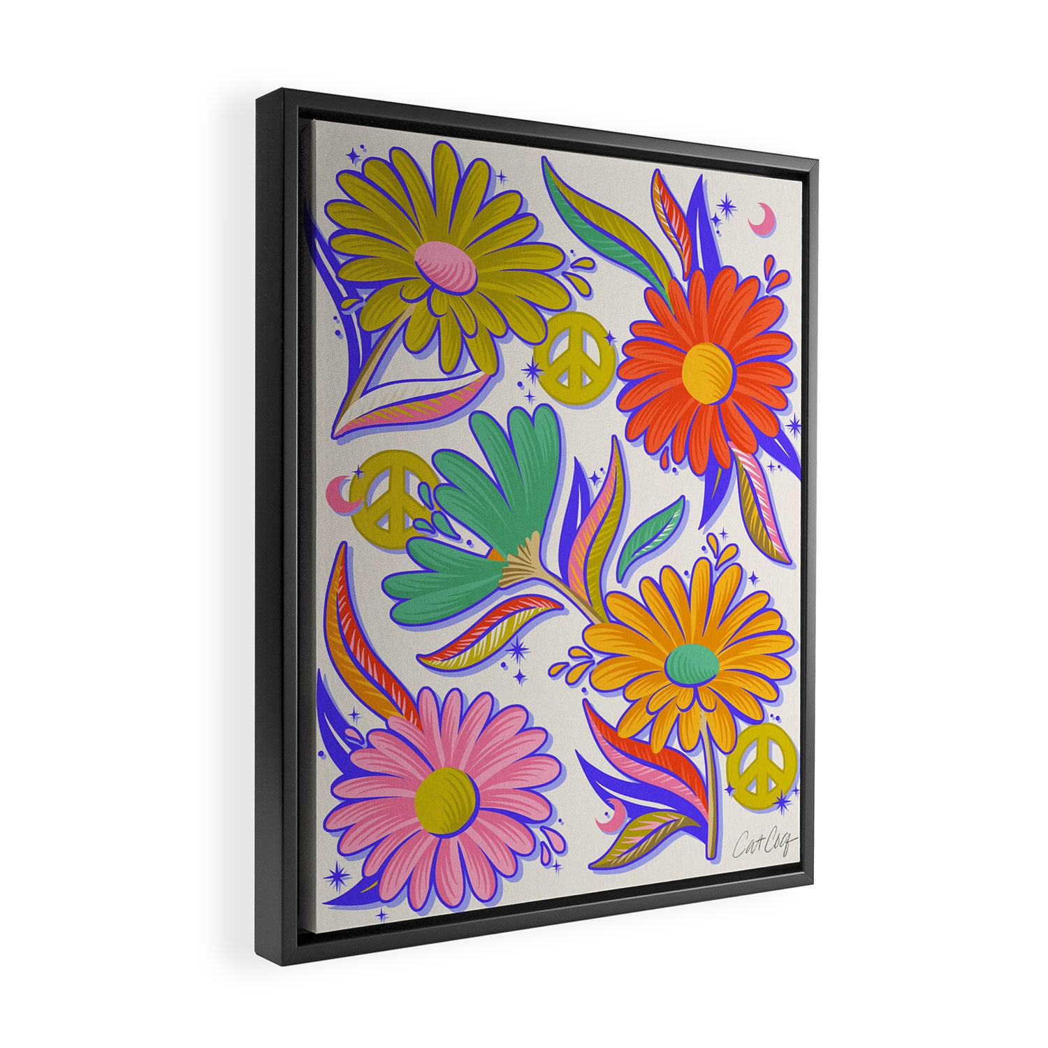 Drippy Daisy Dreamscape - Rainbow & Indigo on White Framed Canvas Print Gallery Image 2