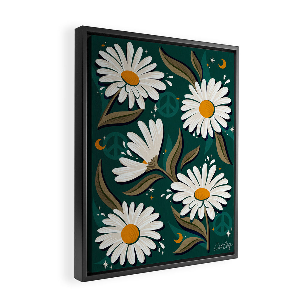 Drippy Daisy Dreamscape - White on Teal Framed Canvas Print Gallery Image 2