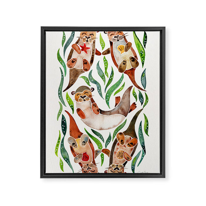 Five Otters - Green Seaweed Framed Canvas Print Gallery Image 1