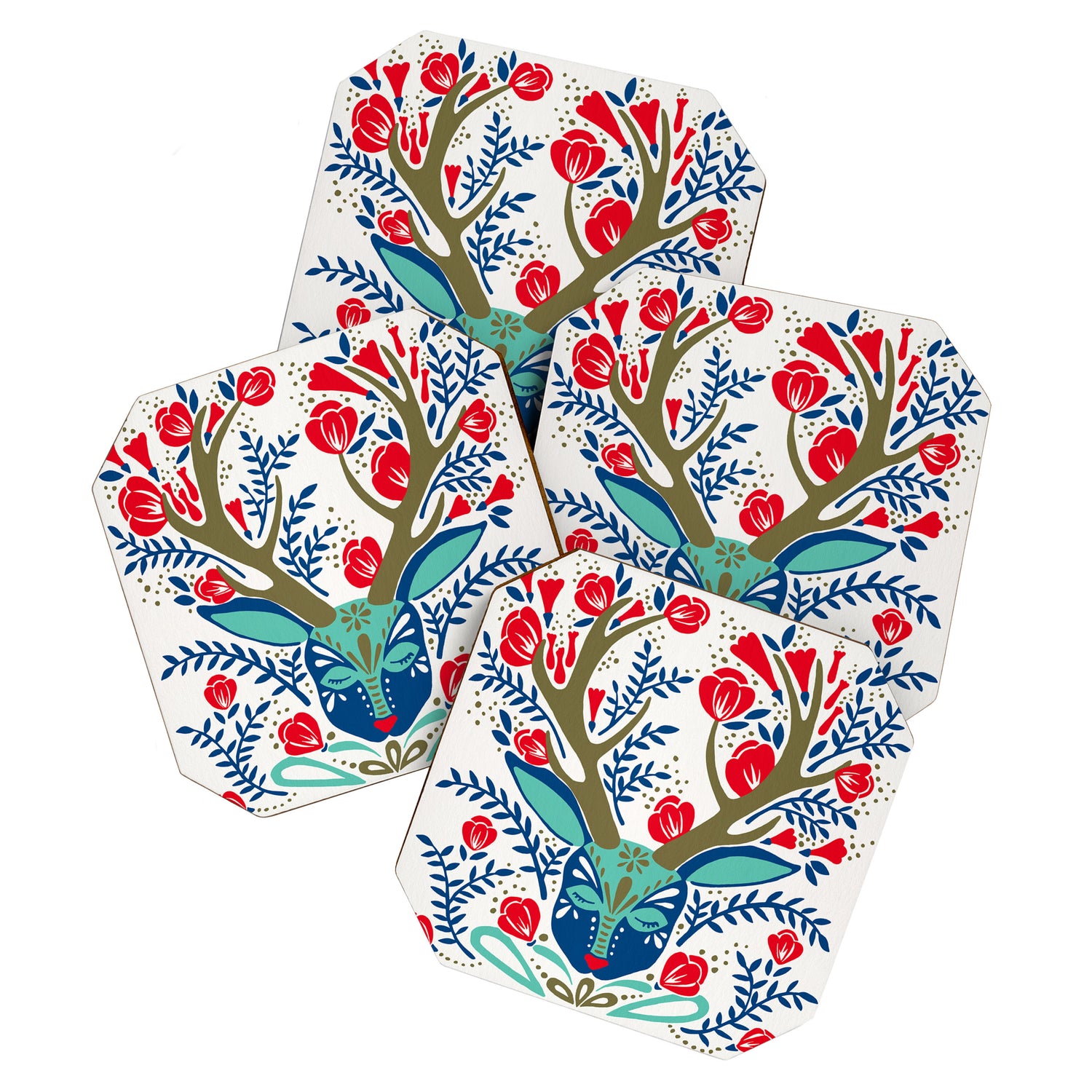 Floral Antlers - Red & Navy Coaster Gallery Image 1