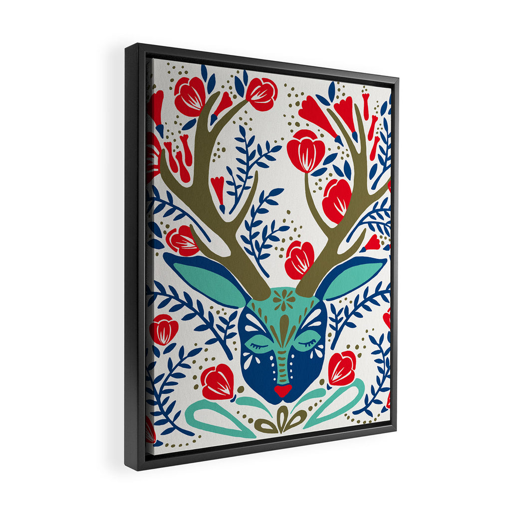 Floral Antlers - Red & Navy Framed Canvas Print Gallery Image 2