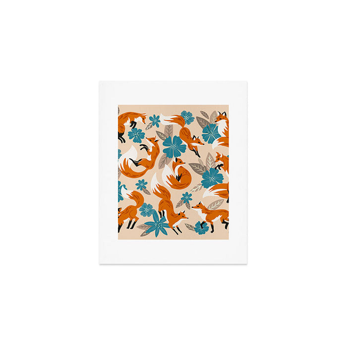 Foxes & Blooms - Tan & Blue Art Print Gallery Image 1