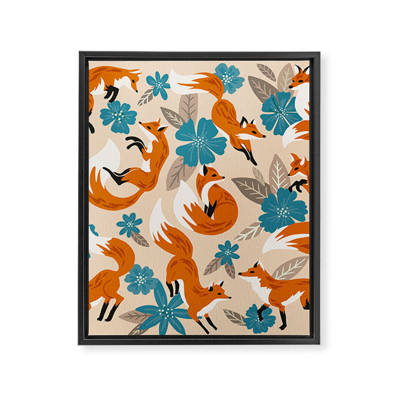 Foxes & Blooms - Tan & Blue Framed Canvas Print Gallery Image 8