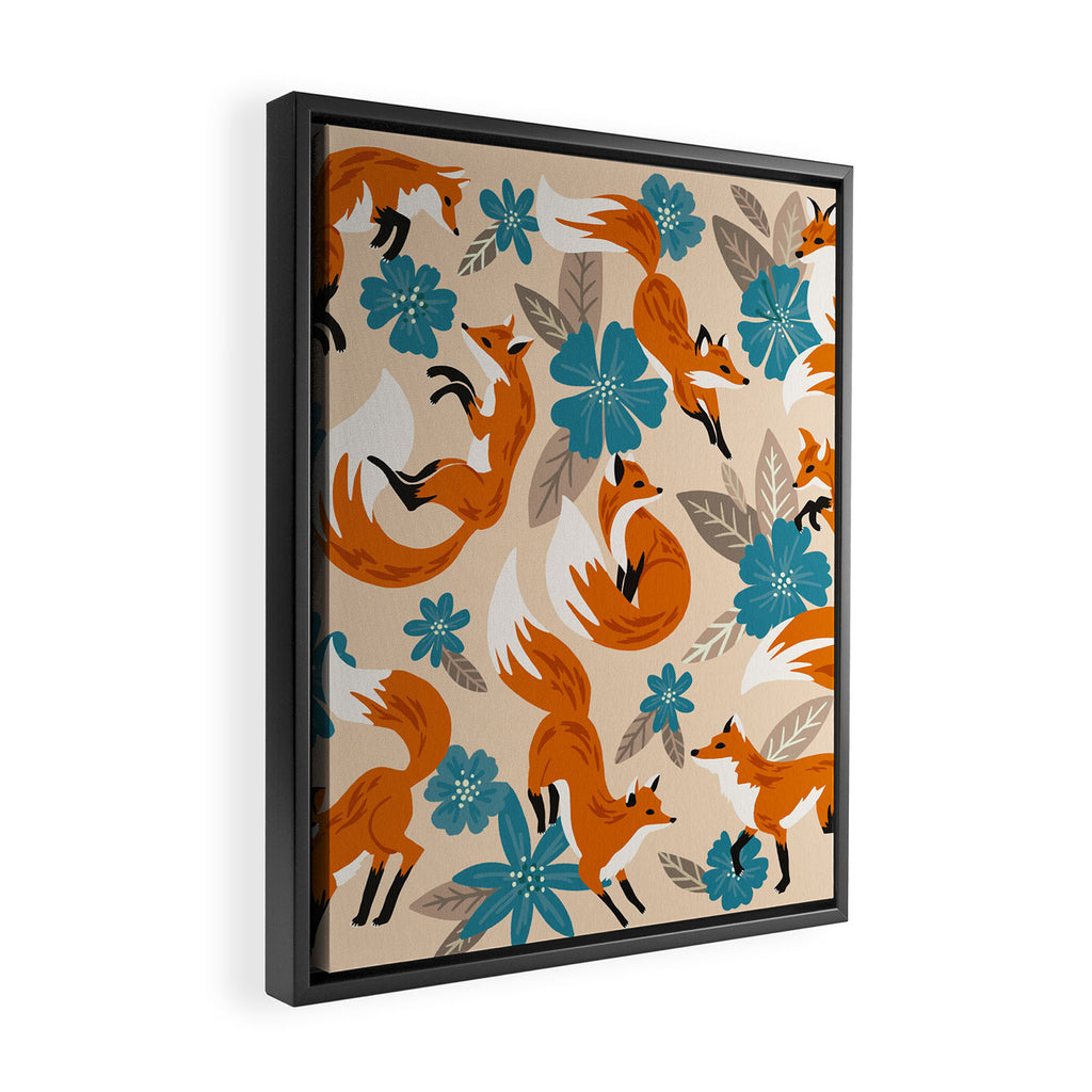 Foxes & Blooms - Tan & Blue Framed Canvas Print Gallery Image 2