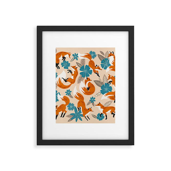 Foxes & Blooms - Tan & Blue Framed Art Print Gallery Image 1