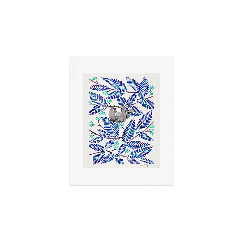 Happy Sloth - Tropical Blue Leaves Art Print Gallery Image 1