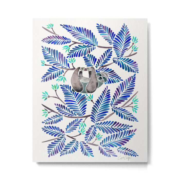 Happy Sloth - Tropical Blue Leaves Metal Print Gallery Image 1