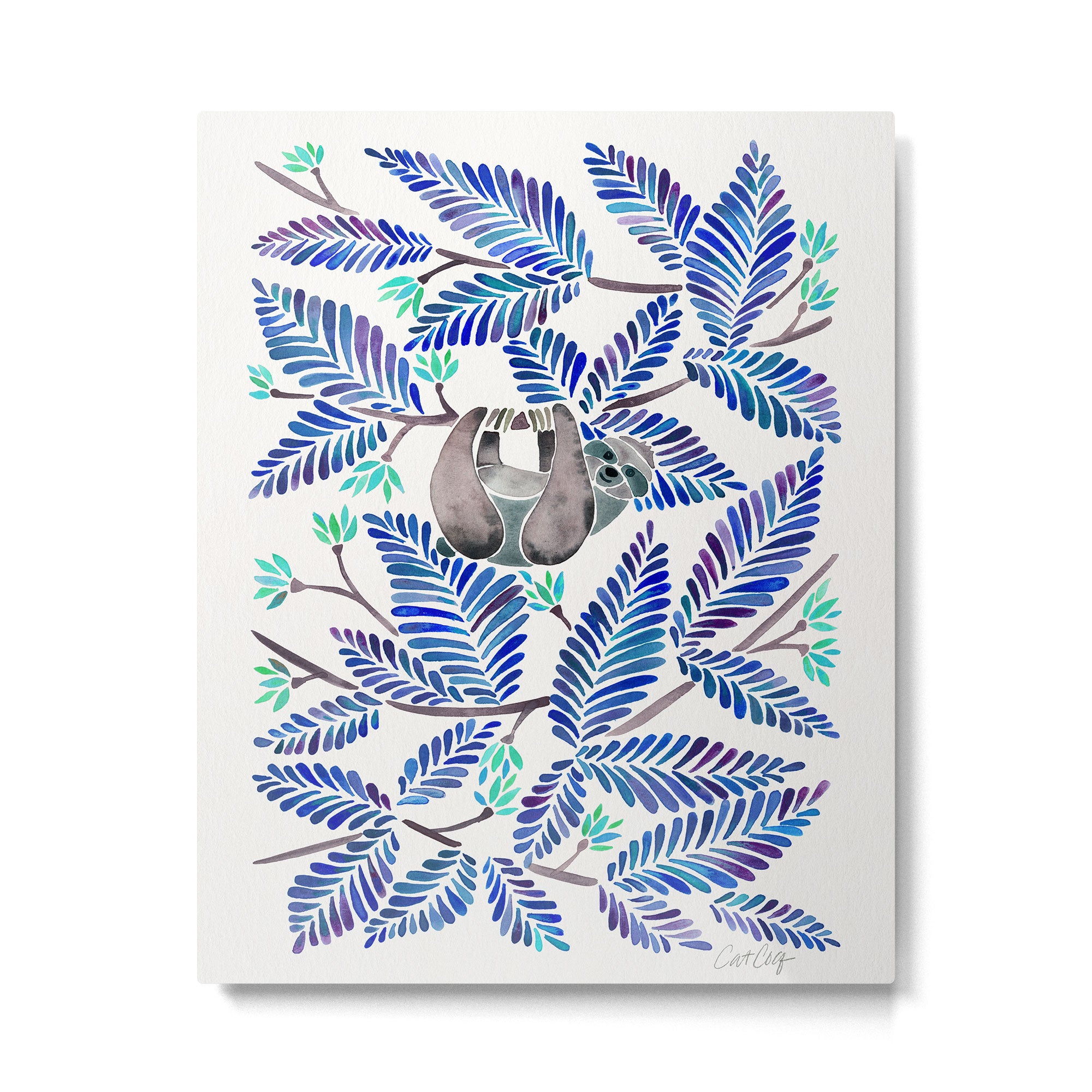 Happy Sloth - Tropical Blue Leaves Metal Print Gallery Image 4
