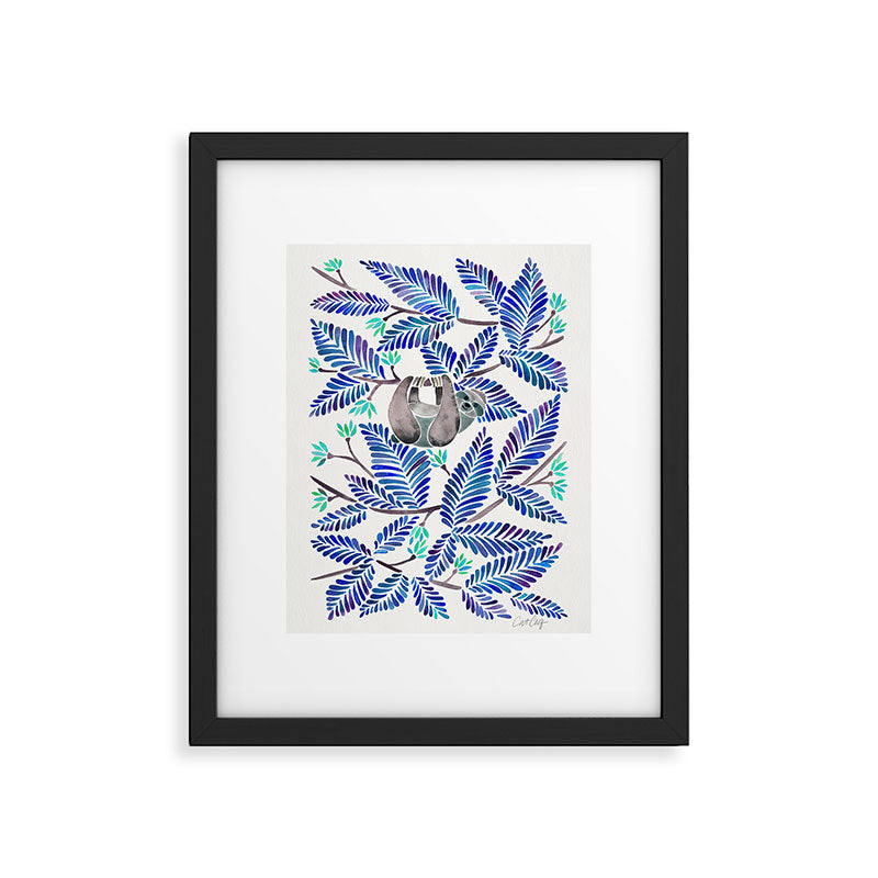 Happy Sloth - Tropical Blue Leaves Framed Art Print Gallery Image 5