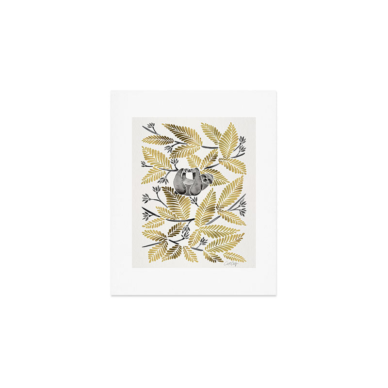 Happy Sloth - Tropical Gold Leaves Art Print Gallery Image 1