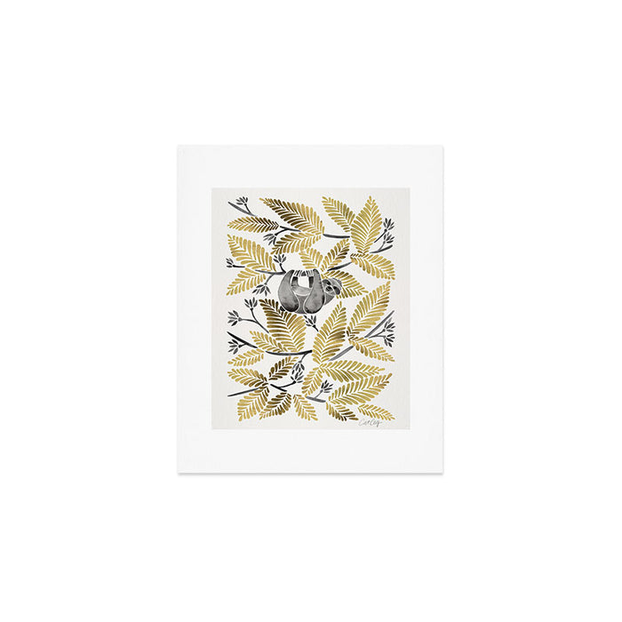 Happy Sloth - Tropical Gold Leaves Art Print Gallery Image 1