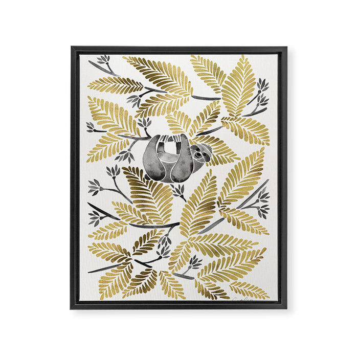 Happy Sloth - Tropical Gold Leaves Framed Canvas Print Gallery Image 1