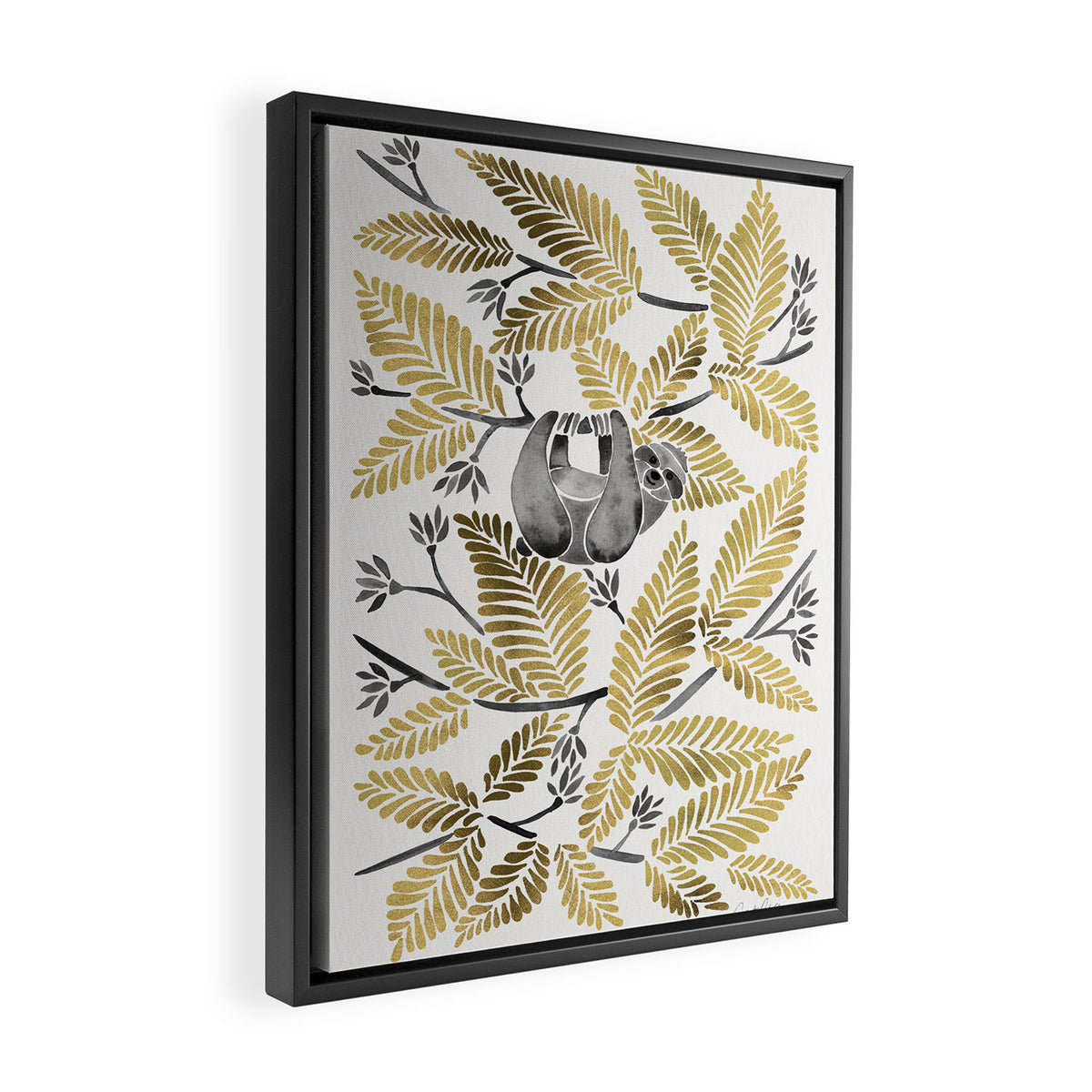Happy Sloth - Tropical Gold Leaves Framed Canvas Print Gallery Image 2