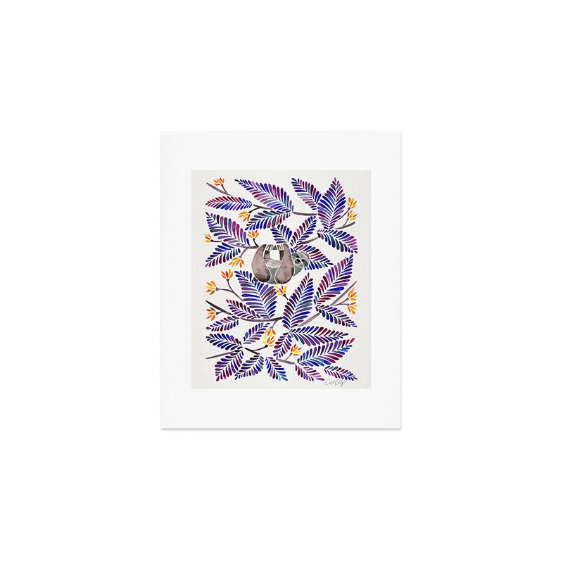 Happy Sloth - Tropical Indigo Leaves Art Print Gallery Image 1