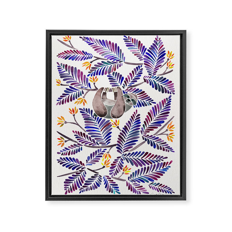 Happy Sloth - Tropical Indigo Leaves Framed Canvas Print Gallery Image 6