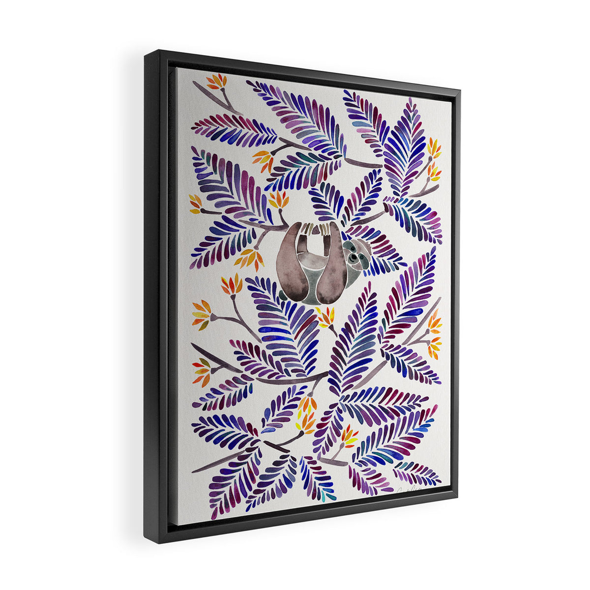 Happy Sloth - Tropical Indigo Leaves Framed Canvas Print Gallery Image 2