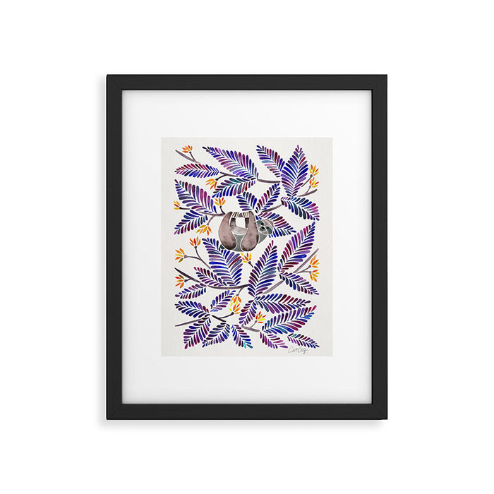 Happy Sloth - Tropical Indigo Leaves Framed Art Print Gallery Image 1