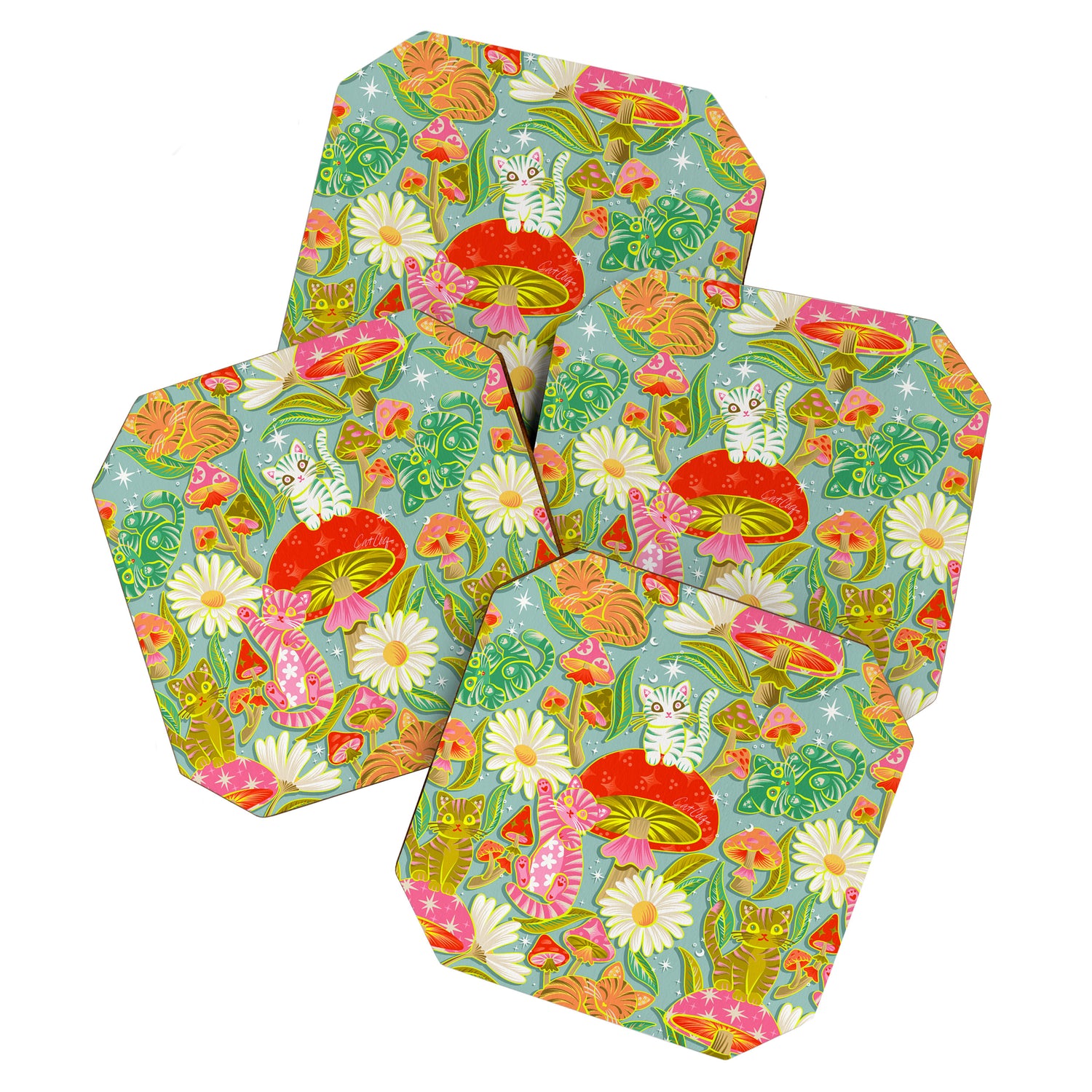 Kittens & Shrooms - Electric on Blue Coaster Gallery Image 1