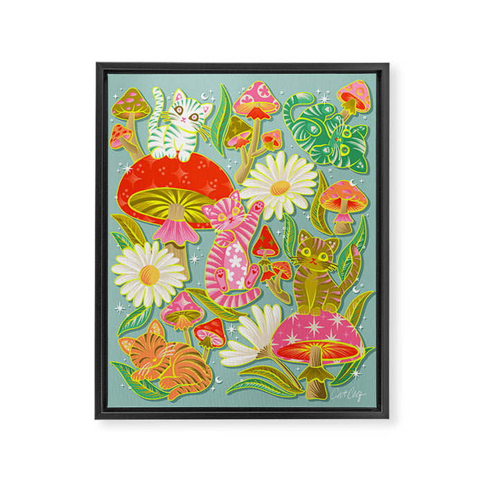 Kittens & Shrooms - Electric on Blue Framed Canvas Print Gallery Image 1