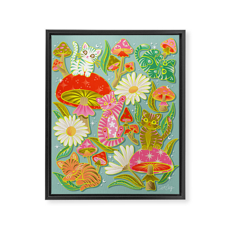 Kittens & Shrooms - Electric on Blue Framed Canvas Print Gallery Image 8