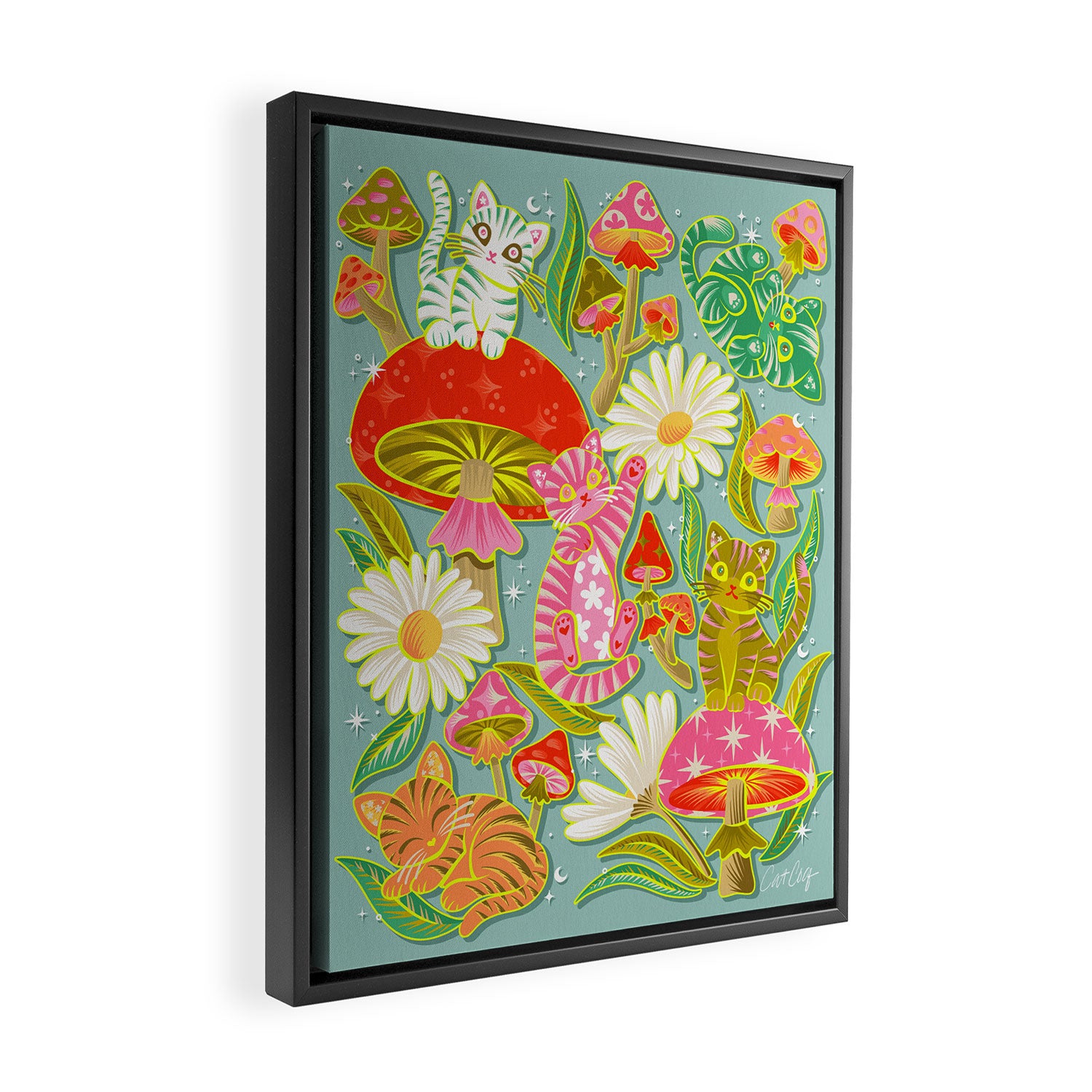 Kittens & Shrooms - Electric on Blue Framed Canvas Print Gallery Image 2