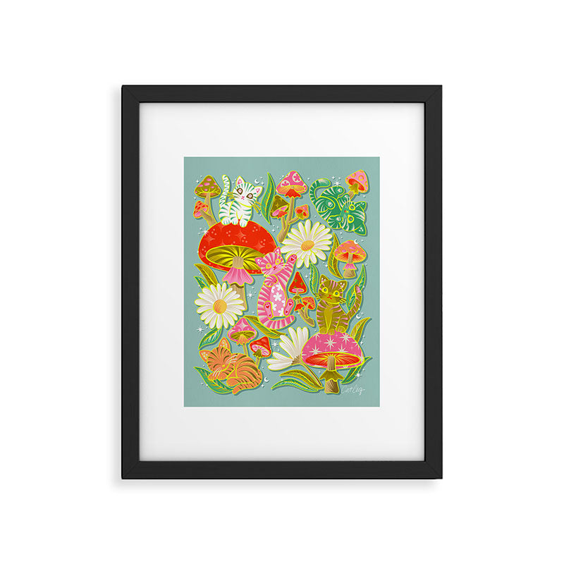Kittens & Shrooms - Electric on Blue Framed Art Print Gallery Image 6