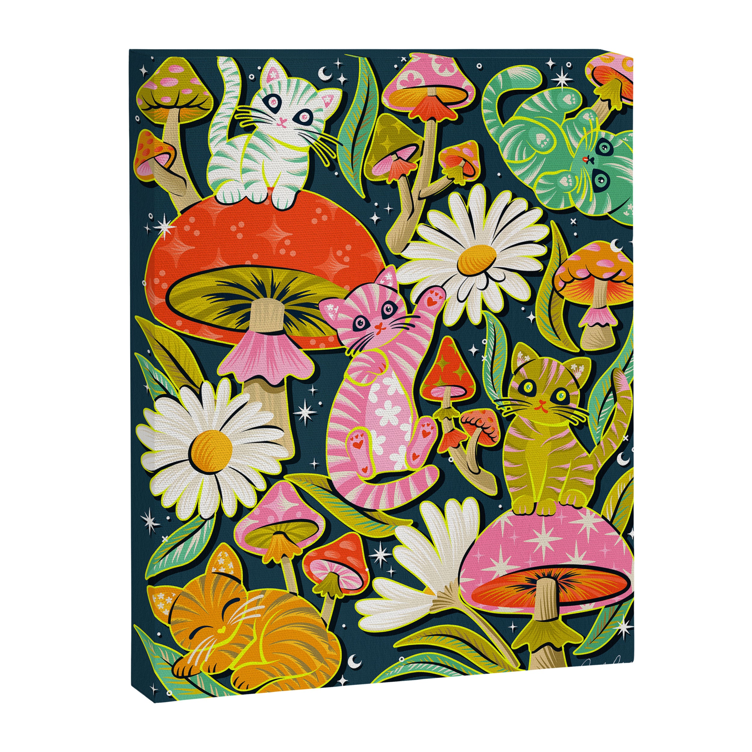 Kittens & Shrooms - Electric on Navy Canvas Print Gallery Image 8