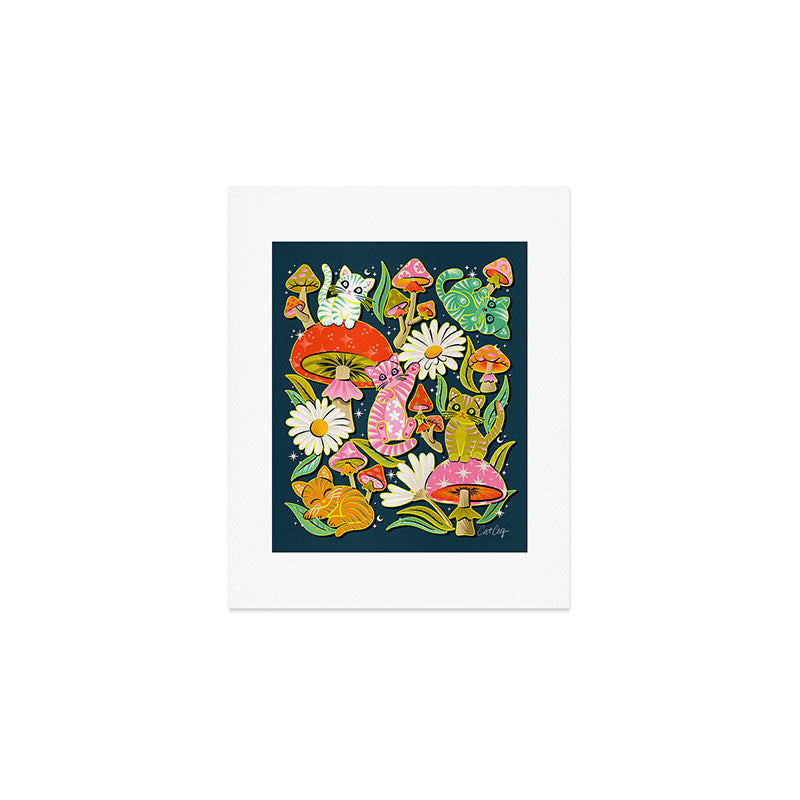 Kittens & Shrooms - Electric on Navy Art Print Gallery Image 1