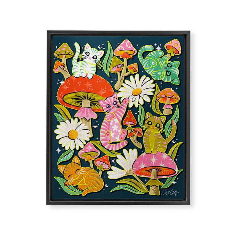 Kittens & Shrooms - Electric on Navy Framed Canvas Print Gallery Image 8