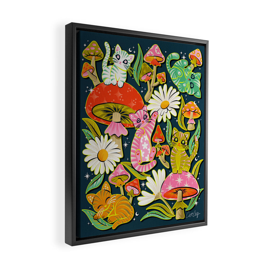 Kittens & Shrooms - Electric on Navy Framed Canvas Print Gallery Image 2