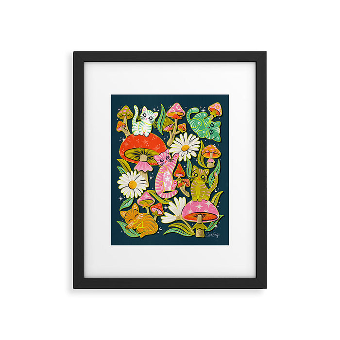 Kittens & Shrooms - Electric on Navy Framed Art Print Gallery Image 1