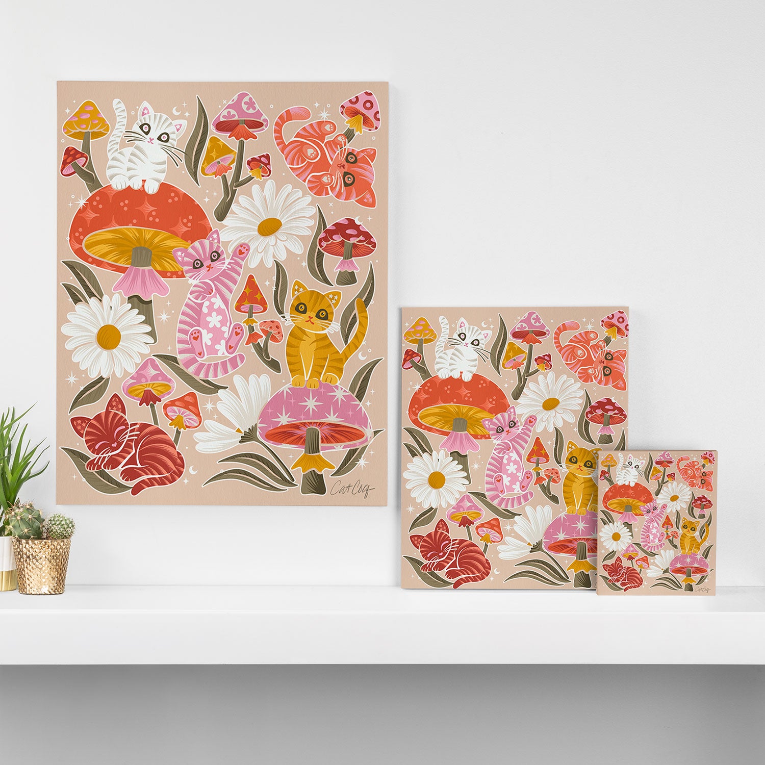 Kittens & Shrooms - Pink & Coral on Cream Canvas Print Gallery Image 3