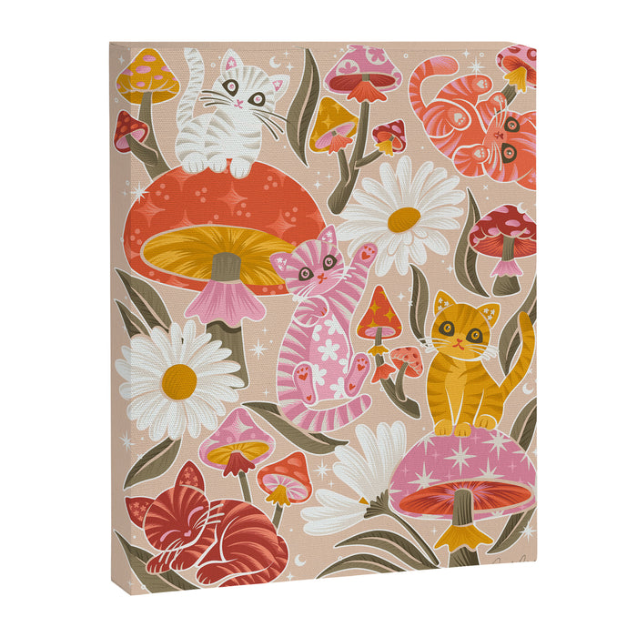 Kittens & Shrooms - Pink & Coral on Cream Canvas Print Gallery Image 1